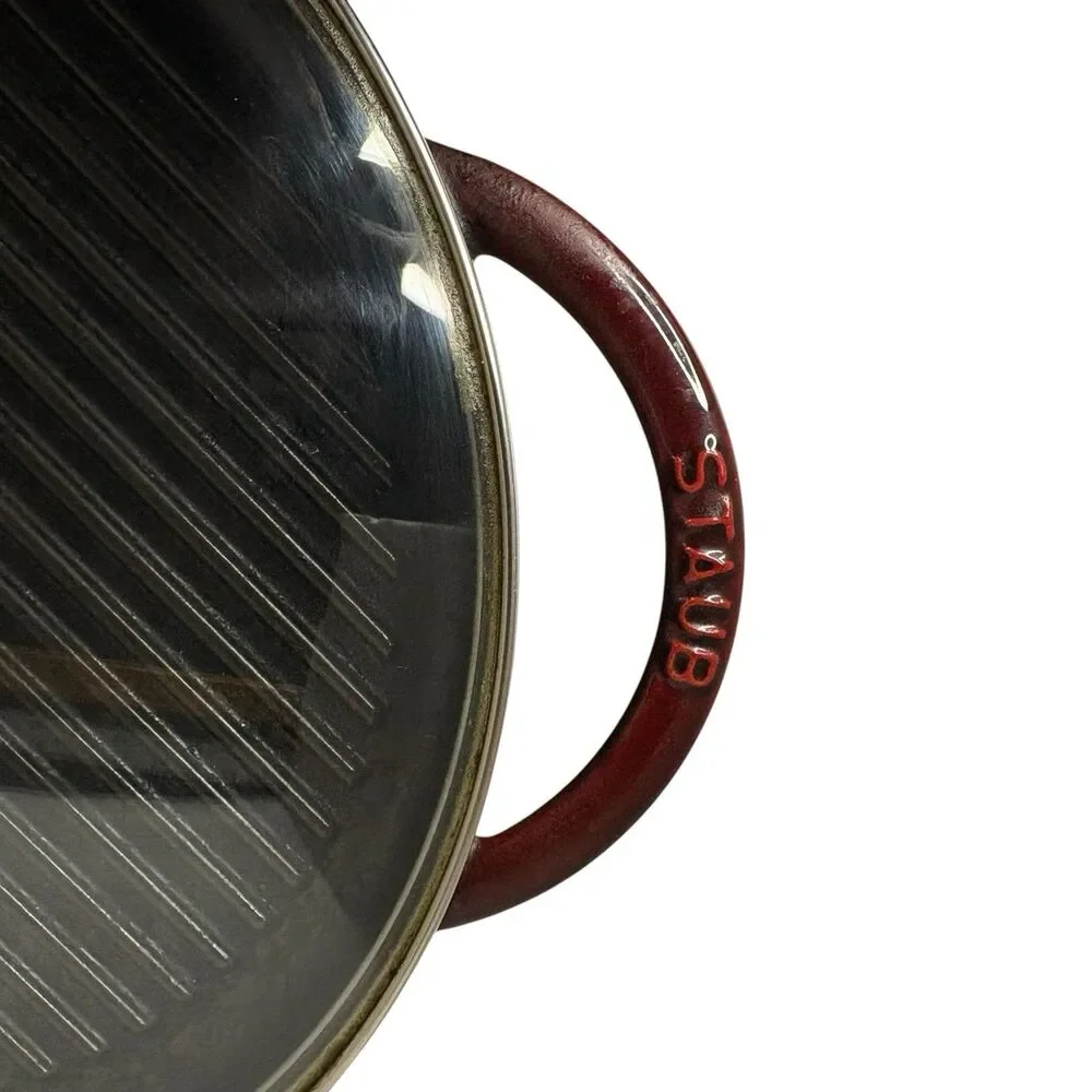 STAUB Cast Iron Round Steam Grill 12” Dark Red Enamel Glass Lid Made In France